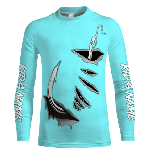 Fish hook Custom Sky blue Long Sleeve performance Fishing Shirts Fishing jerseys - IPHW1489