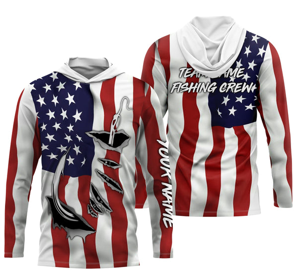 Fishing Crew Fish Hook American Flag Custom long sleeves Fishing Shirts, personalized Patriotic fishing apparel for Fishing team - IPH1990