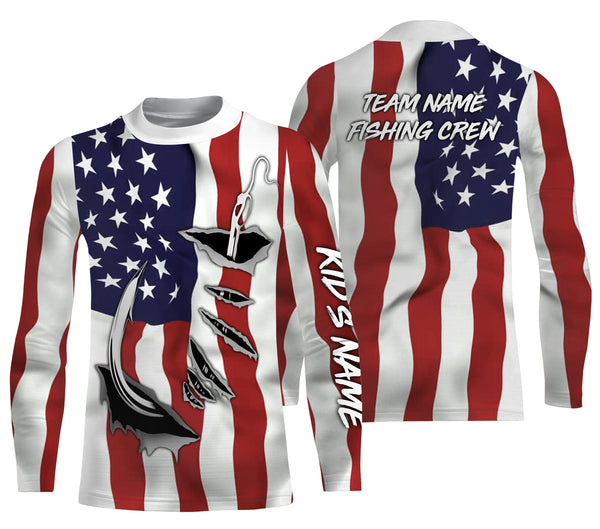 Fishing Crew Fish Hook American Flag Custom long sleeves Fishing Shirts, personalized Patriotic fishing apparel for Fishing team - IPH1990