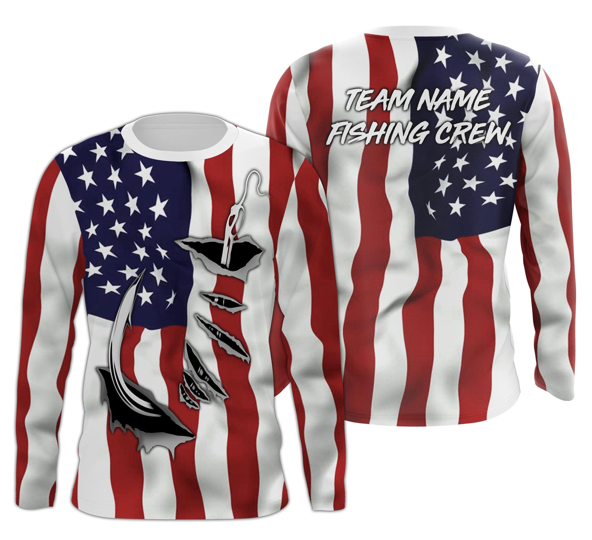 Fishing Crew Fish Hook American Flag Custom long sleeves Fishing Shirts, personalized Patriotic fishing apparel for Fishing team - IPH1990