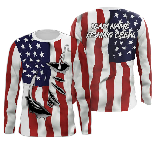 Fishing Crew Fish Hook American Flag Custom long sleeves Fishing Shirts, personalized Patriotic fishing apparel for Fishing team - IPH1990