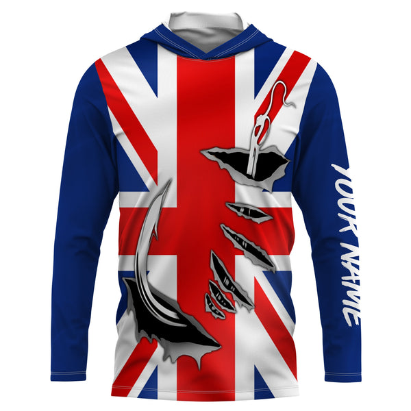 UK Fishing 3D Fish Hook England Flag Custom Long Sleeve performance Fishing Shirts personalized Patriotic Fishing gifts - IPH1976