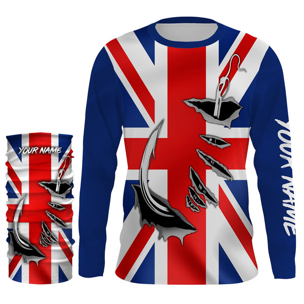 UK Fishing 3D Fish Hook England Flag Custom Long Sleeve performance Fishing Shirts personalized Patriotic Fishing gifts - IPH1976