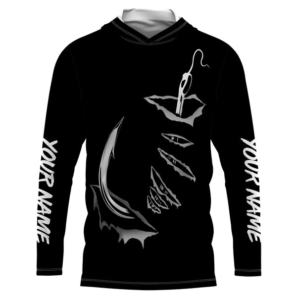 3D Fish hook Customize UV Protection Long sleeve performance black Fishing Shirts - IPHW522