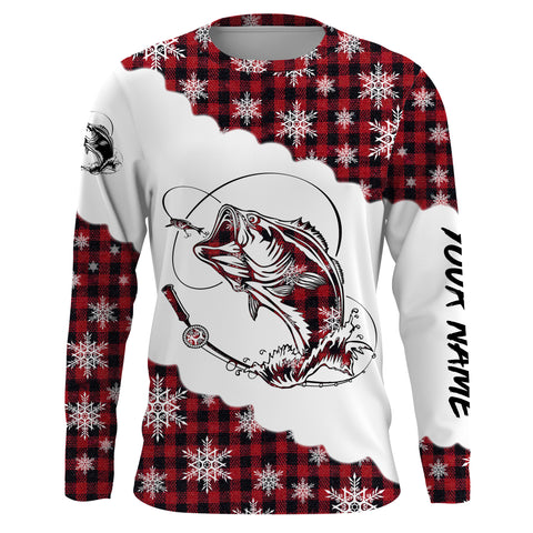 Bass Fishing Red Plaid Custom Long Sleeve Fishing Shirts, Christmas Bass Fishing gifts - IPHW1871