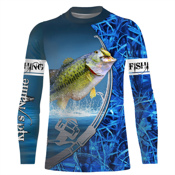 Largemouth Bass Fishing blue camo Custom Long sleeve performance Fishing Shirts | Bass Fishing jerseys - IPHW1898