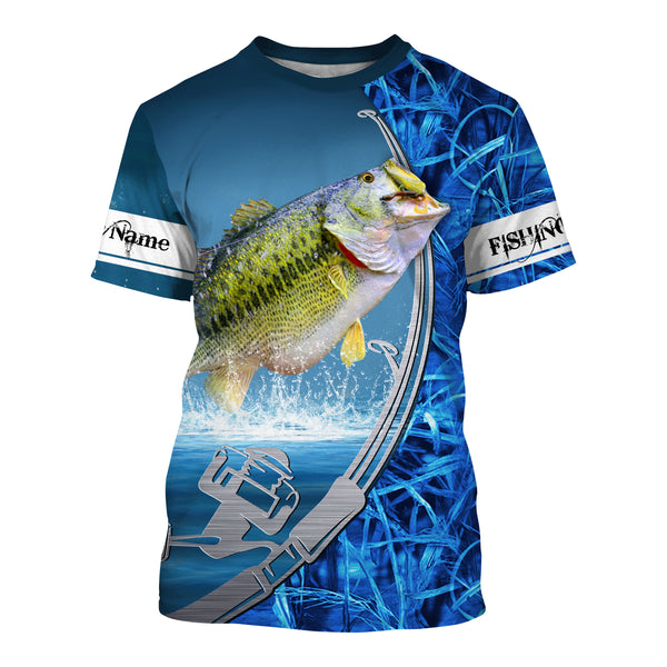 Largemouth Bass Fishing blue camo Custom Long sleeve performance Fishing Shirts | Bass Fishing jerseys - IPHW1898