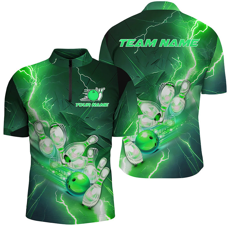 Lightning Strike Custom Green Bowling Polo Shirts, Bowling Team Jerseys For Men IPHW5220