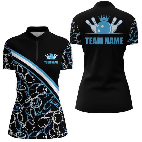 Custom Bowling Shirts For Women, Bowling Queen Team Jerseys Bowling Ball And Pins | Blue IPHW4505