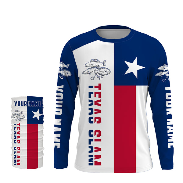 Personalized Texas Flag Fishing Shirts, Redfish Trout Flounder Texas Slam Fishing apparel - IPHW2007