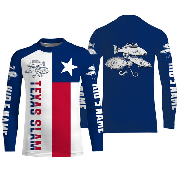 Personalized Texas Flag Fishing Shirts, Redfish Trout Flounder Texas Slam Fishing apparel - IPHW2007