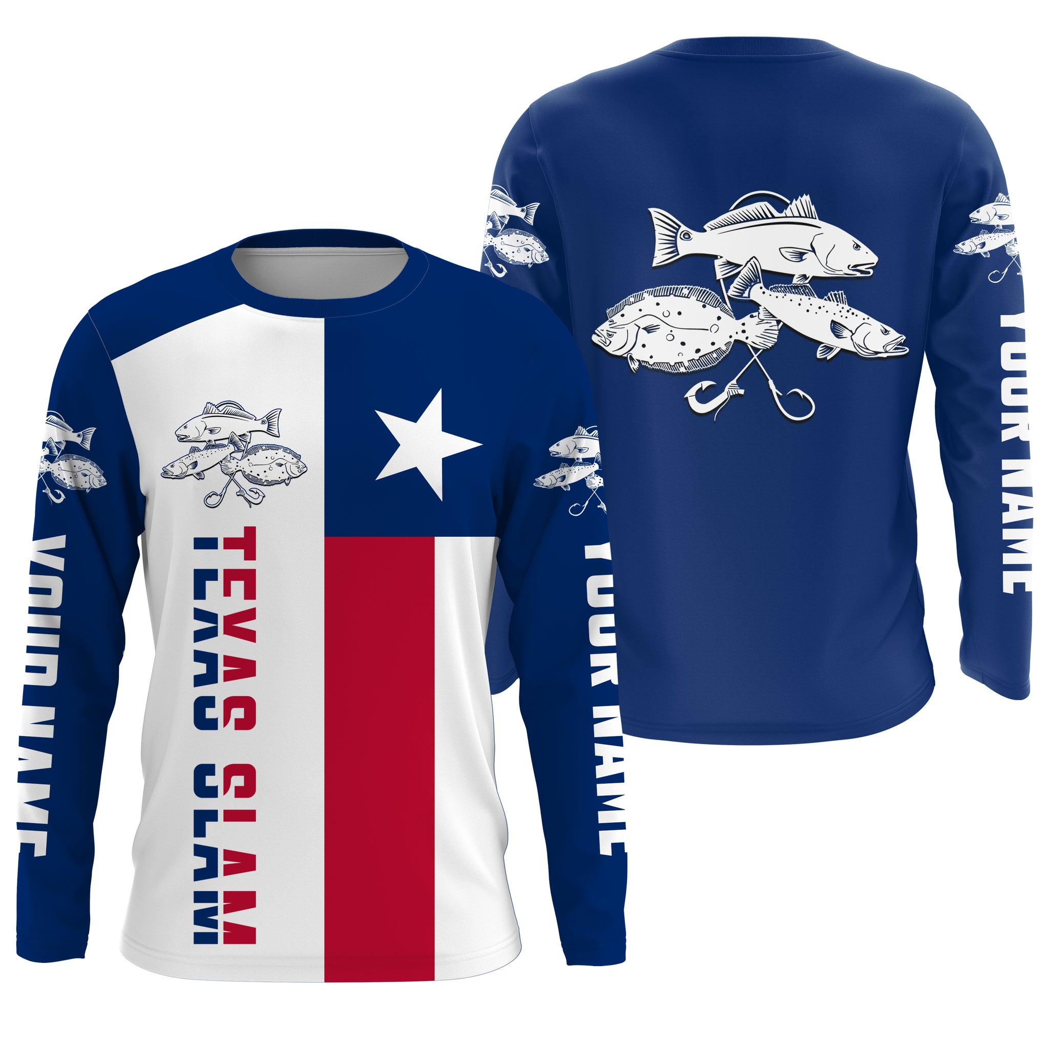 Personalized Texas Flag Fishing Shirts, Redfish Trout Flounder Texas Slam Fishing apparel - IPHW2007