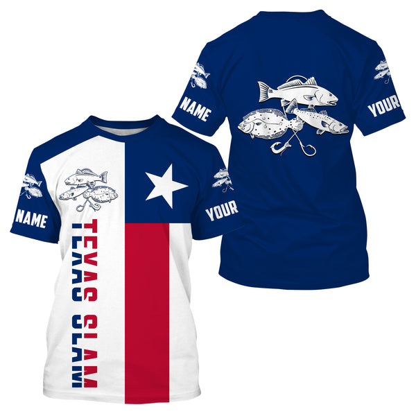 Personalized Texas Flag Fishing Shirts, Redfish Trout Flounder Texas Slam Fishing apparel - IPHW2007