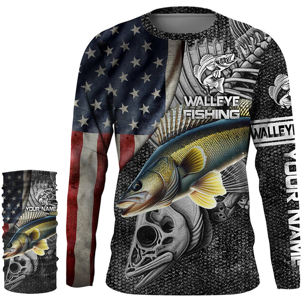 Walleye Fishing American Flag patriotic Custom Name UV protection long sleeve fishing shirts NQS1389