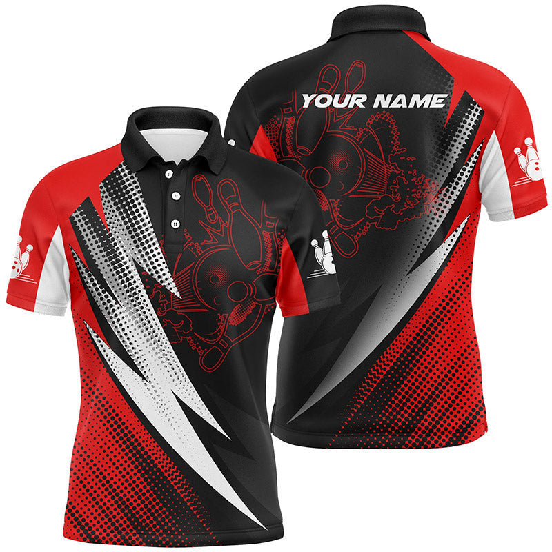 Red & black bowling balls and pins customizable bowling polo shirts for men, team bowling jerseys NQS4847