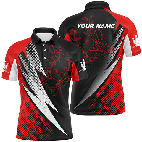 Red & black bowling balls and pins customizable bowling polo shirts for men, team bowling jerseys NQS4847