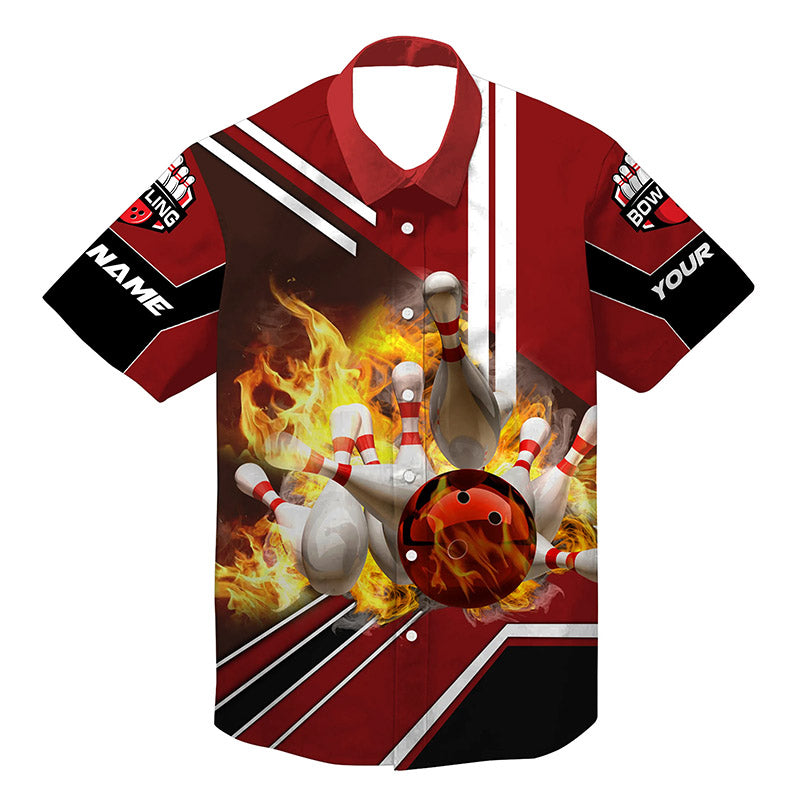 Personalized Hawaiian bowling shirts Flame Bowling Ball and Pins, bowling shirt for men bowlers| Red NQS4504