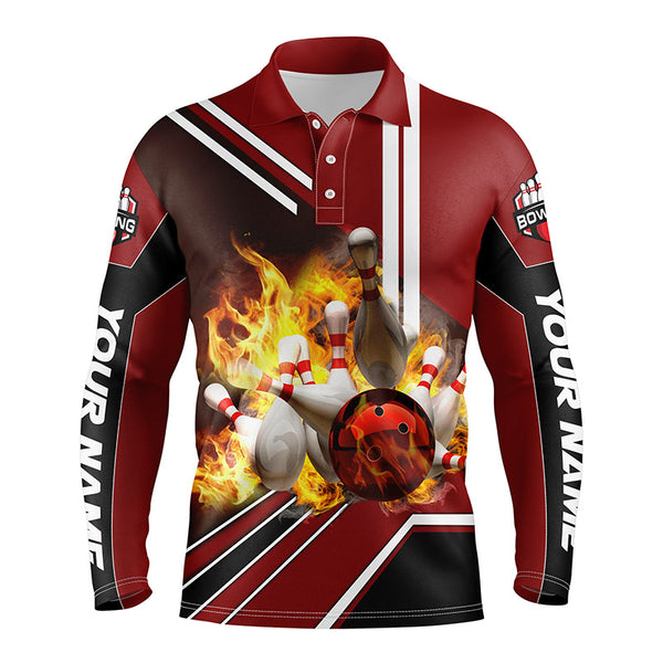 Personalized Men Bowling Polo Shirt Flame Bowling Ball and Pins, bowling polo for men bowlers | Red NQS4504