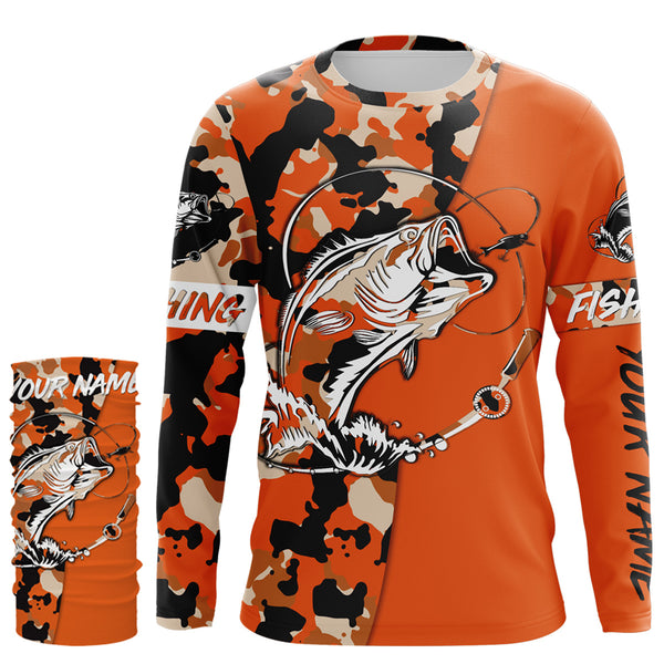 Custom Name bass fishing tattoos Camouflage Orange shirt Performance Fishing Shirt, Bass Fishing Jerseys NQS2479