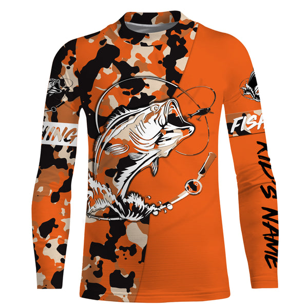 Custom Name bass fishing tattoos Camouflage Orange shirt Performance Fishing Shirt, Bass Fishing Jerseys NQS2479