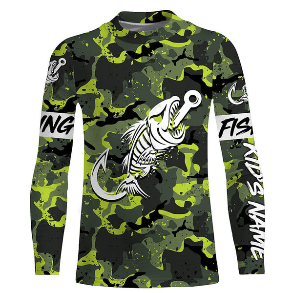 Green Camo fishing shirt Fish hook skull Custom Name sun protection mens long sleeve fishing shirt NQS3905