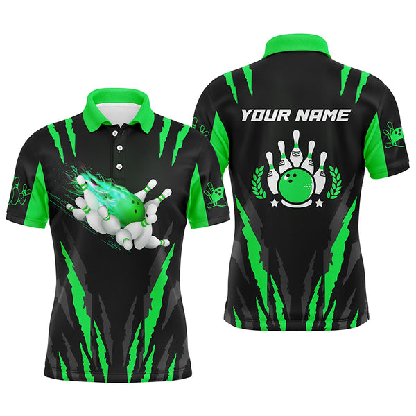 Bowling polo shirts for men custom name Flame Bowling Ball and Pins bowling jerseys | Green NQS4541