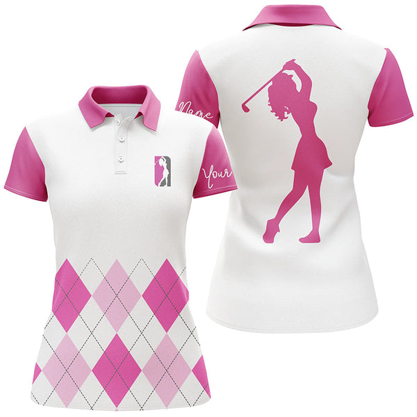 Womens golf polo shirt custom pink argyle plaid golf top for ladies NQS5238