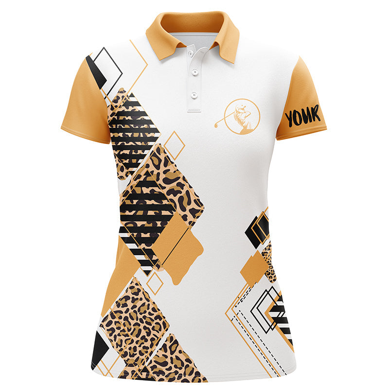 Yellow womens golf polo white shirt leopard pattern custom name golf gift for women NQS3930