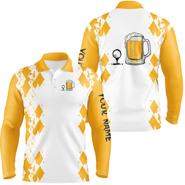 White Yellow Mens golf polo shirt Golf & beer custom name golf gifts for men, dad NQS4135