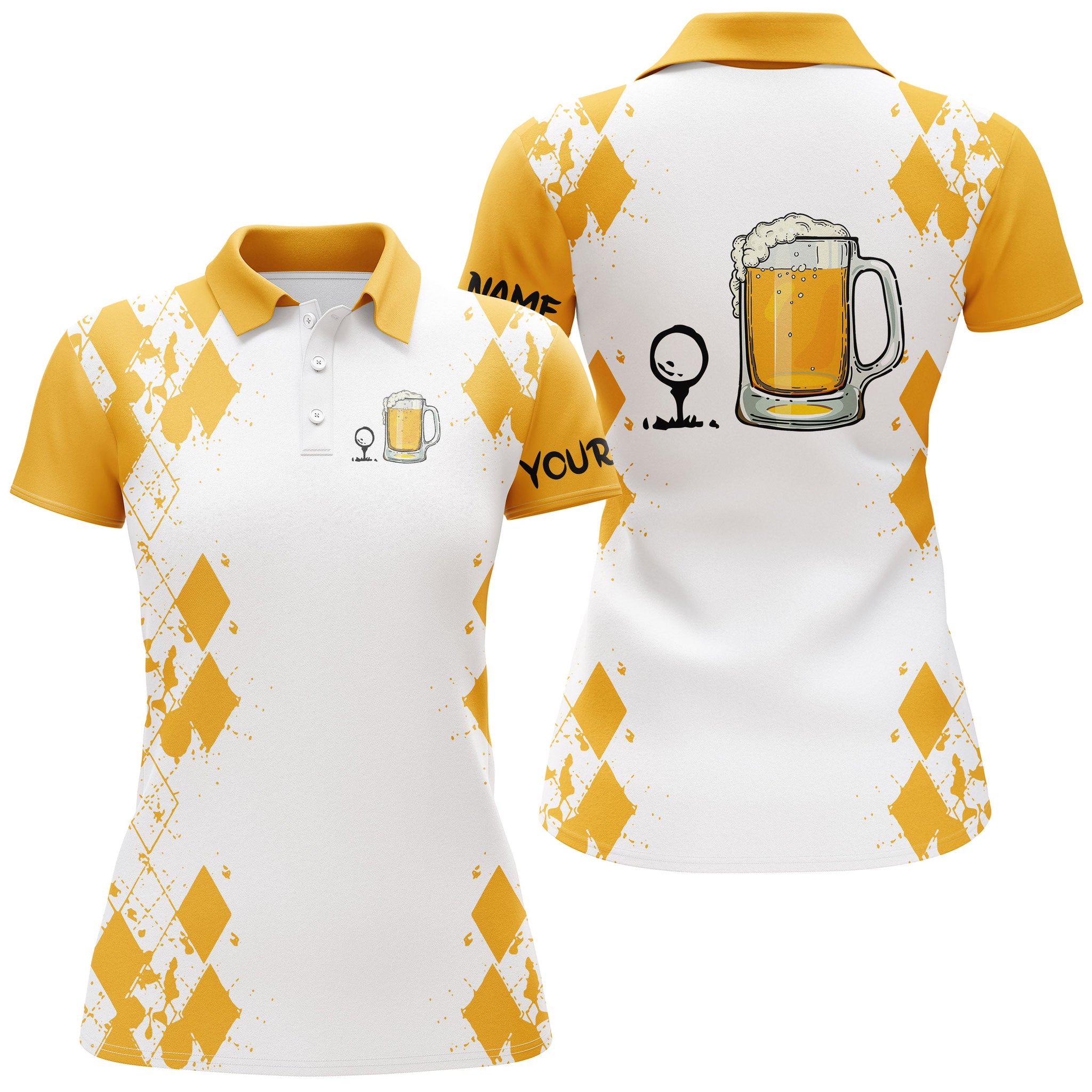 White Yellow womens golf shirt Golf & beer custom name womens golf polo shirt NQS4135