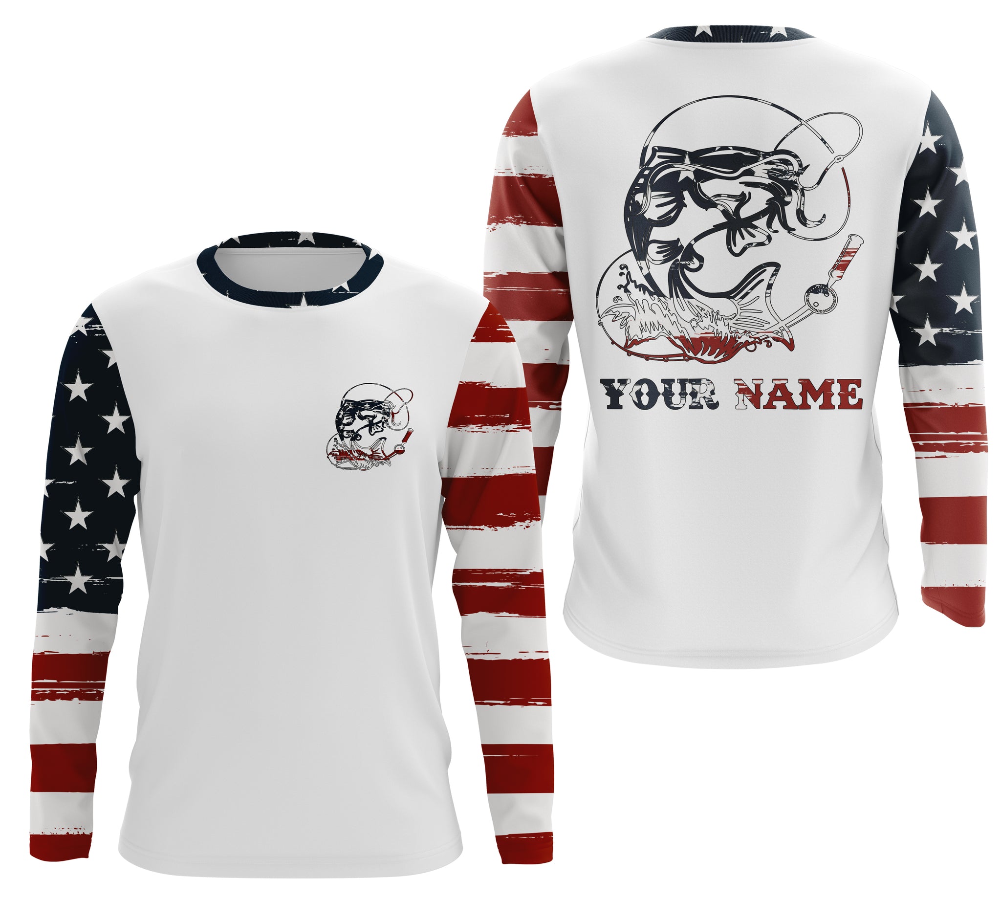 Catfish Fishing catfish hunter American Flag Customized Name UV Protection Shirts, patriotic Fishing Clothing NQS2384