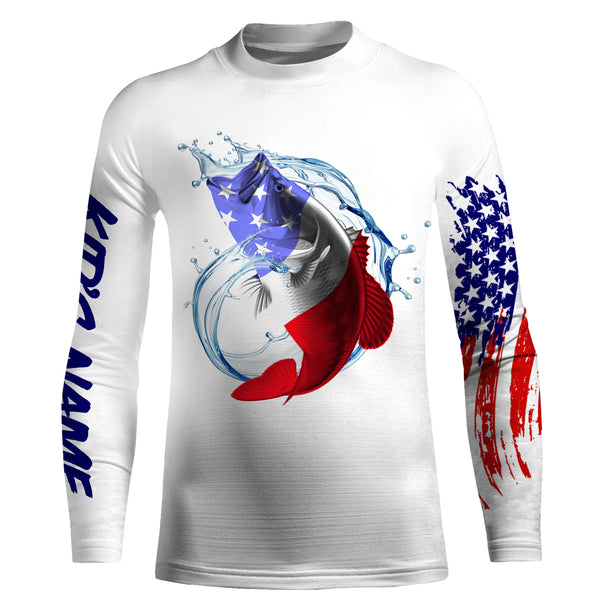 Largemouth bass fishing American flag patriotic Custom Name UV protection UPF 30+ fishing jersey, fishing tournament shirts NQS2972