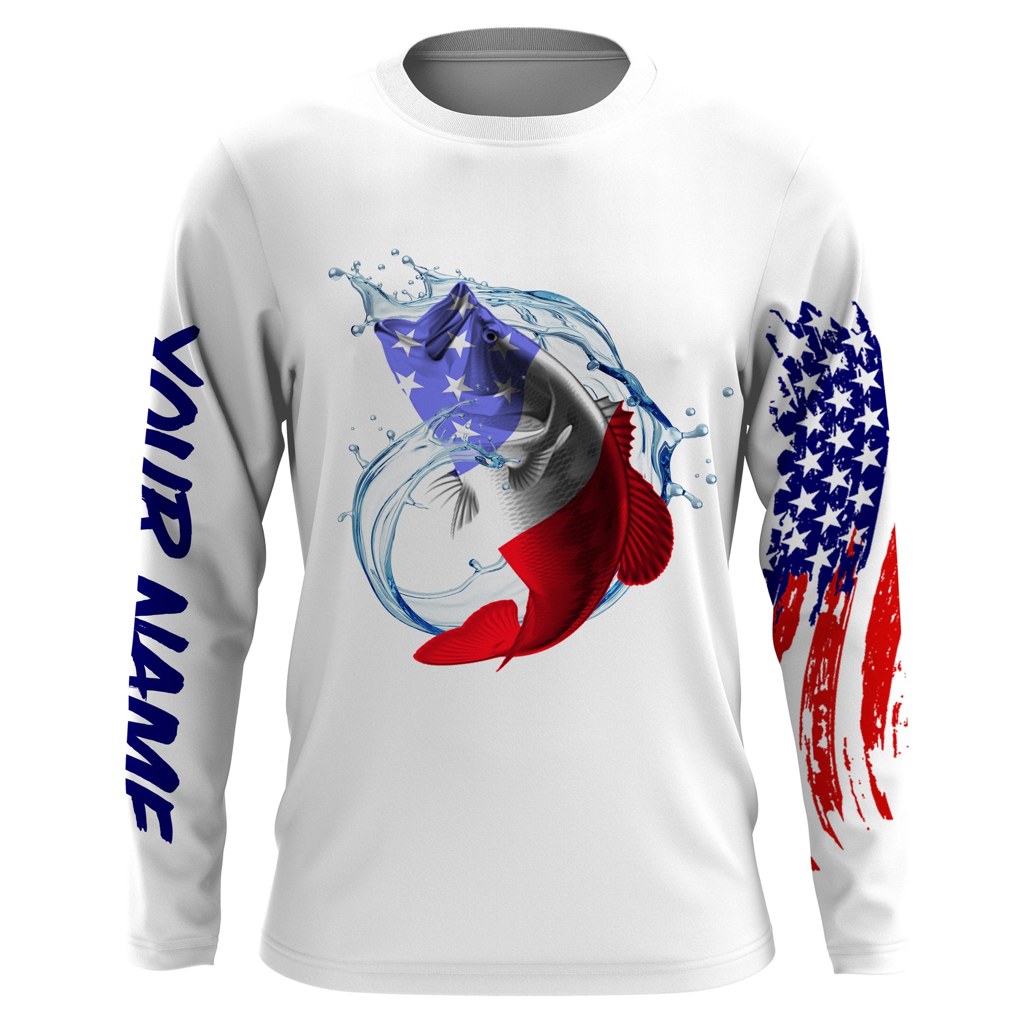 Largemouth bass fishing American flag patriotic Custom Name UV protection UPF 30+ fishing jersey, fishing tournament shirts NQS2972