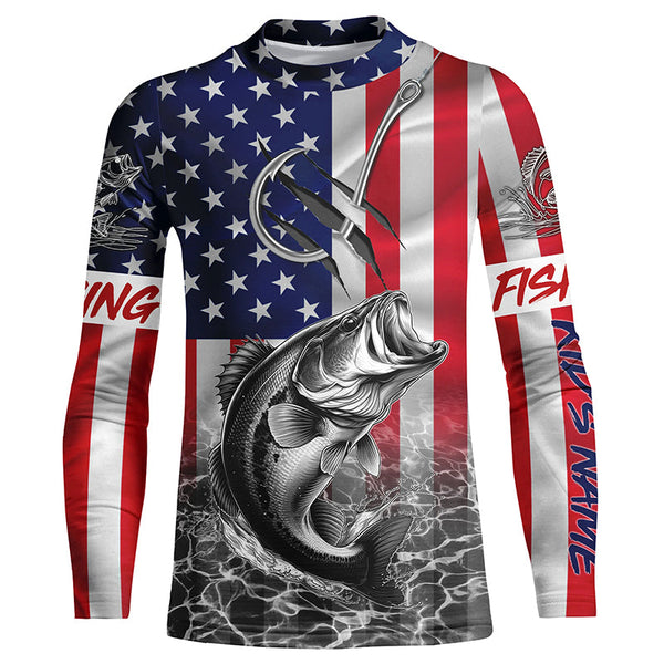 American Flag Bass Fish hook Custom long sleeve performance Fishing Shirts, Bass Fishing jerseys NQS5502