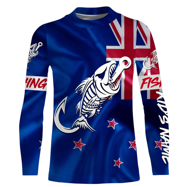 Customized New Zealand long sleeve fishing shirts New Zealand Flag Fish hook skull performance shirts NQS3328