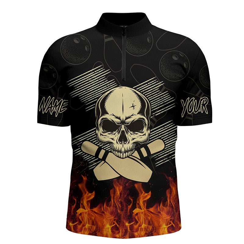 Men's bowling shirt Quarter Zip custom name skull flame Bowling Pins personalized bowling jerseys NQS4400