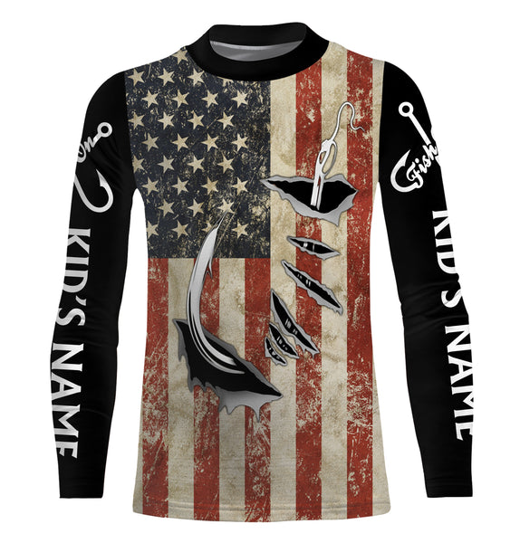 US Fishing 3D Fish Hook American Flag patriotic UV protection customize long sleeves shirts NQS1343