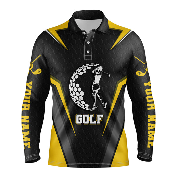 Black long sleeve golf polo shirts for mens custom name golf upf shirts, golfer gifts| Yellow NQS3646