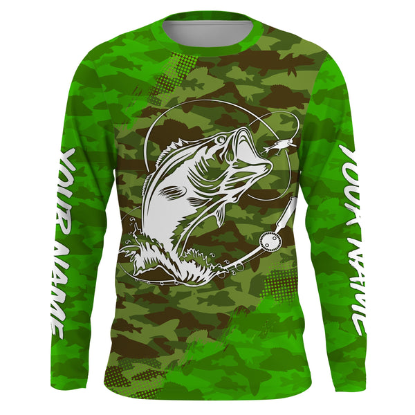 Largemouth Bass Fishing tattoo green camo Custom sun protection fishing shirts for men, women, kid NQS3354