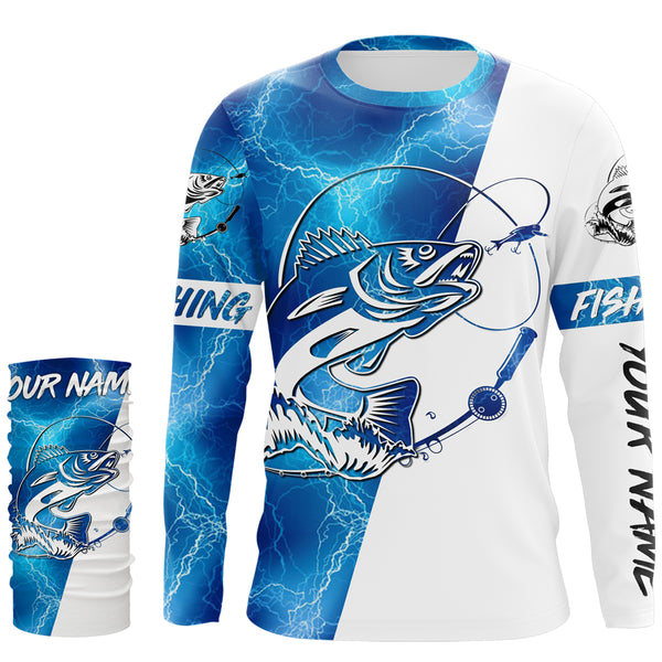 Walleye Fishing tattoo blue lightning Customized Name UV Protection UPF 30+ Fishing jerseys performance apparel NQS2427