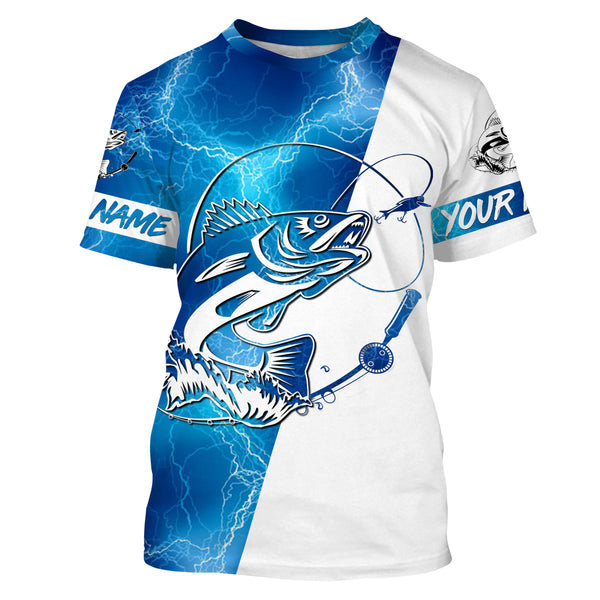 Walleye Fishing tattoo blue lightning Customized Name UV Protection UPF 30+ Fishing jerseys performance apparel NQS2427