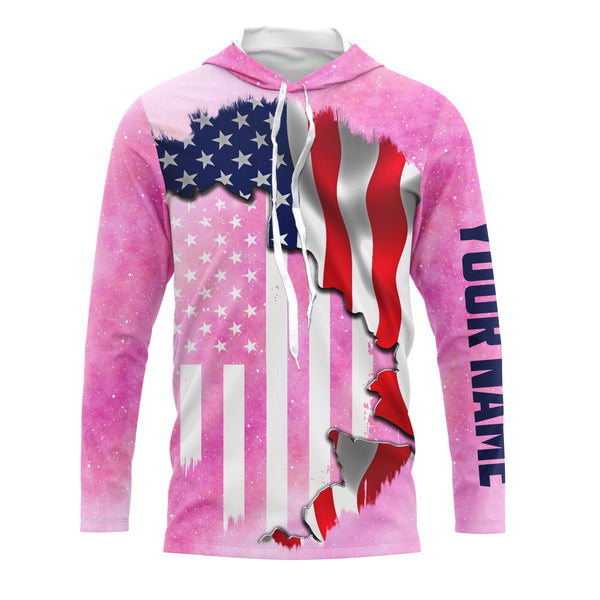 American Flag Universe patriotic Custom name performance shirts UPF 30+, personalized pink galaxy fishing gift for men, women, kid NQS2558