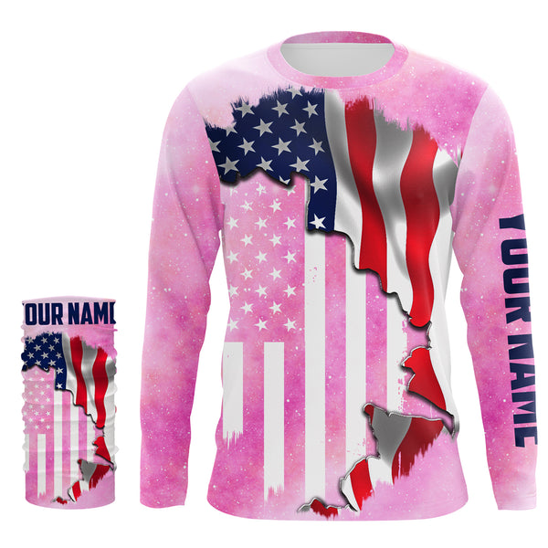 American Flag Universe patriotic Custom name performance shirts UPF 30+, personalized pink galaxy fishing gift for men, women, kid NQS2558