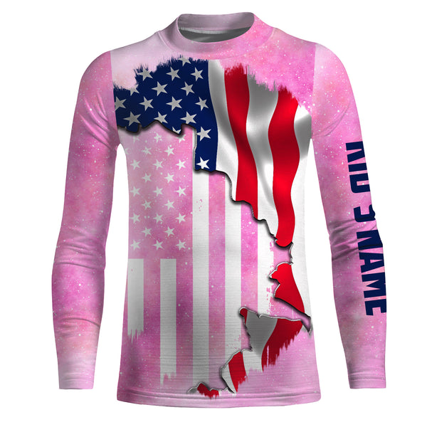 American Flag Universe patriotic Custom name performance shirts UPF 30+, personalized pink galaxy fishing gift for men, women, kid NQS2558