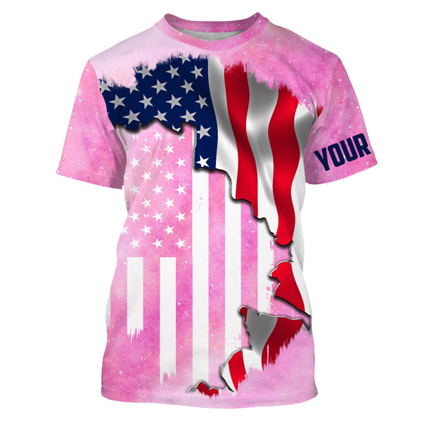 American Flag Universe patriotic Custom name performance shirts UPF 30+, personalized pink galaxy fishing gift for men, women, kid NQS2558