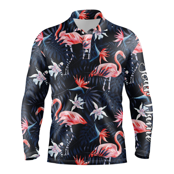 Men golf polo upf shirts tropical birds pink flamingo dark blue palm leaves custom polo shirts NQS3694