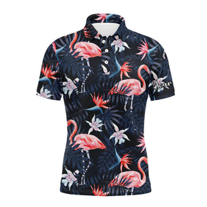 Men golf polo upf shirts tropical birds pink flamingo dark blue palm leaves custom polo shirts NQS3694