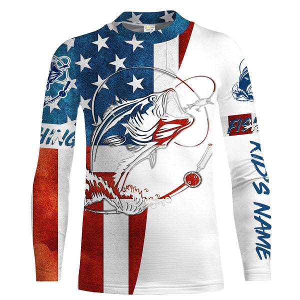 Beautiful bass fishing tattoo American flag patriotic UV protection quick dry Customize name long sleeves UPF 30+ personalize gift NQS1558