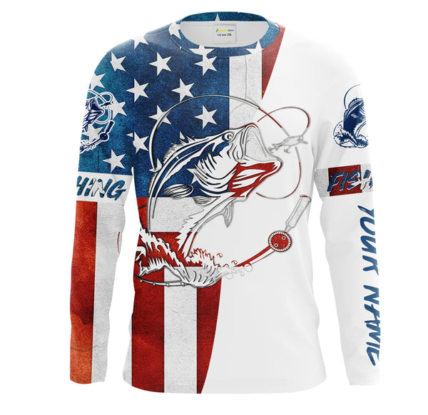 Beautiful bass fishing tattoo American flag patriotic UV protection quick dry Customize name long sleeves UPF 30+ personalize gift NQS1558