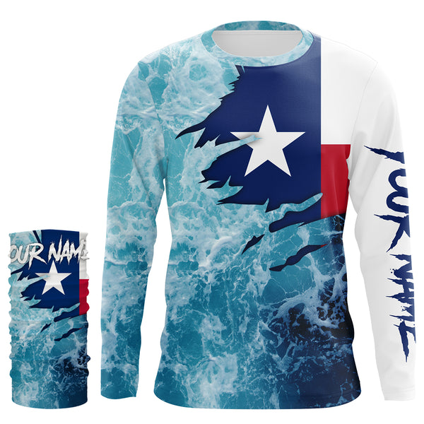 Texas flag fishing Saltwater Long sleeve customized name Fishing Shirts UV Protection, Sea wave camo blue Fishing Shirts NQS2567